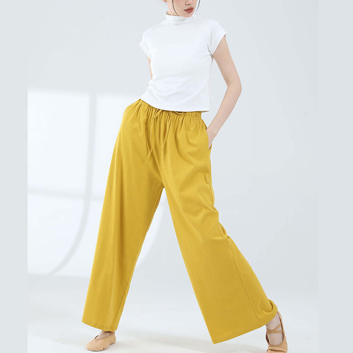 Pantalones de pierna ancha con cordón de algodón sueltos con Buddha Stones para danza de yoga con bolsillos