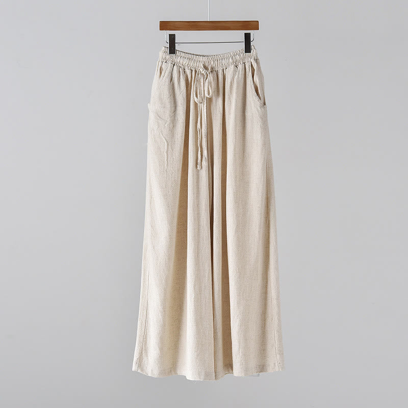 Pantalones anchos con cordón y bolsillos de lino y algodón sueltos con Buddha Stones