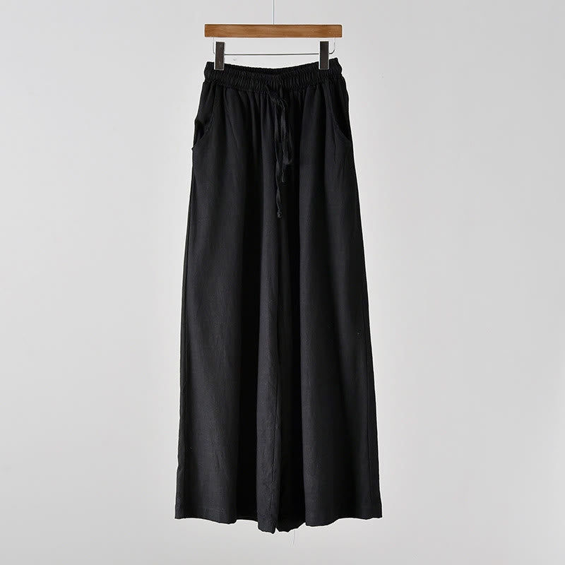 Pantalones anchos con cordón y bolsillos de lino y algodón sueltos con Buddha Stones