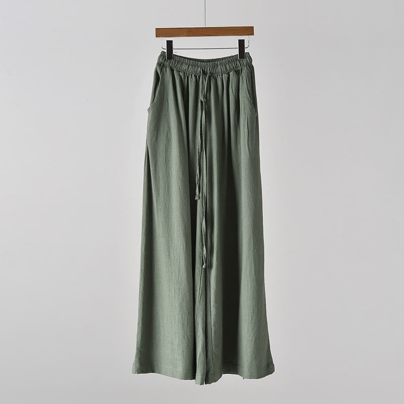 Pantalones anchos con cordón y bolsillos de lino y algodón sueltos con Buddha Stones