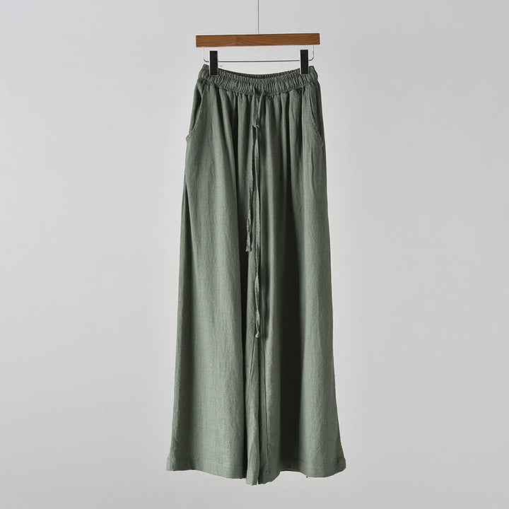 Pantalones anchos con cordón y bolsillos de lino y algodón sueltos con Buddha Stones