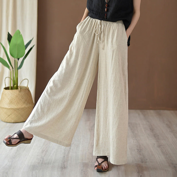 Pantalones anchos con cordón y bolsillos de lino y algodón sueltos con Buddha Stones