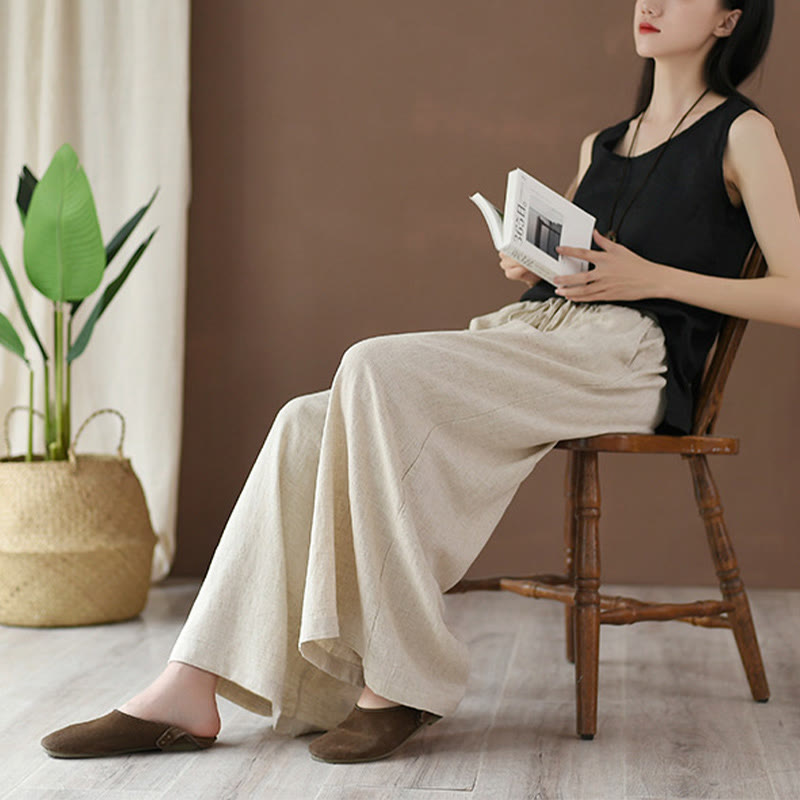 Pantalones anchos con cordón y bolsillos de lino y algodón sueltos con Buddha Stones