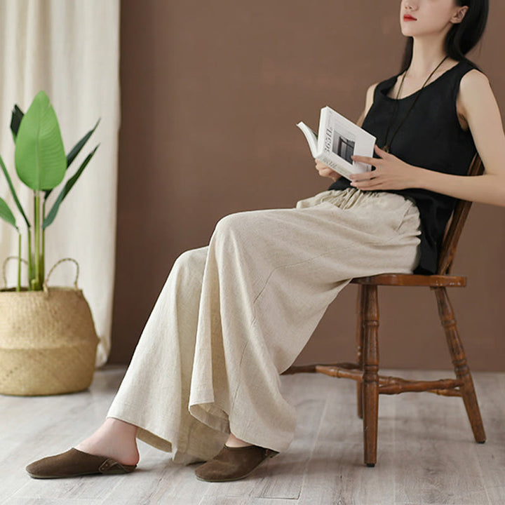 Pantalones anchos con cordón y bolsillos de lino y algodón sueltos con Buddha Stones
