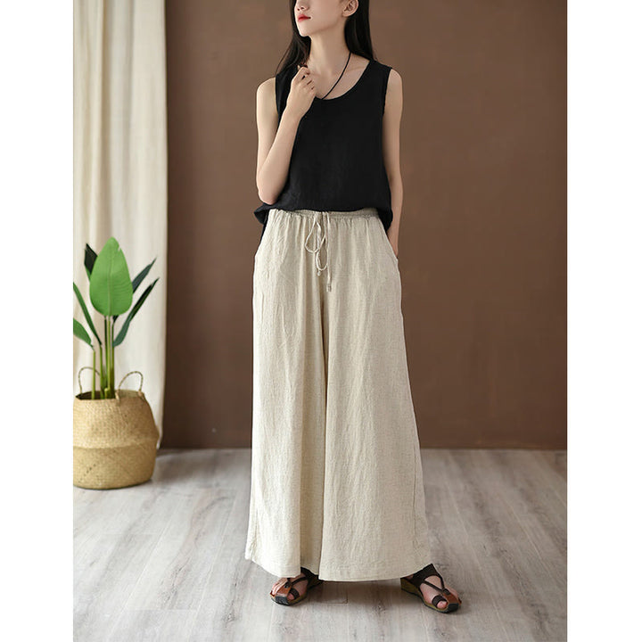 Pantalones anchos con cordón y bolsillos de lino y algodón sueltos con Buddha Stones