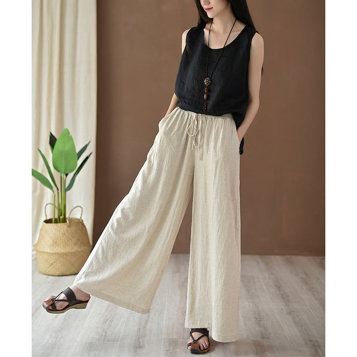 Pantalones anchos con cordón y bolsillos de lino y algodón sueltos con Buddha Stones