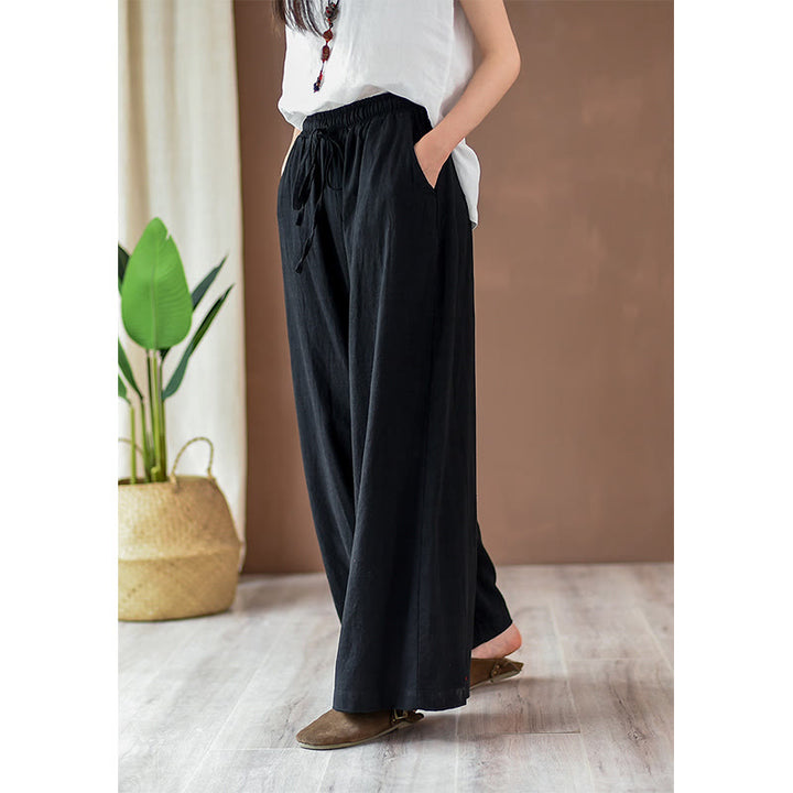 Pantalones anchos con cordón y bolsillos de lino y algodón sueltos con Buddha Stones