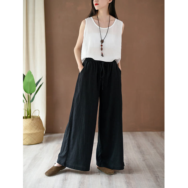 Pantalones anchos con cordón y bolsillos de lino y algodón sueltos con Buddha Stones