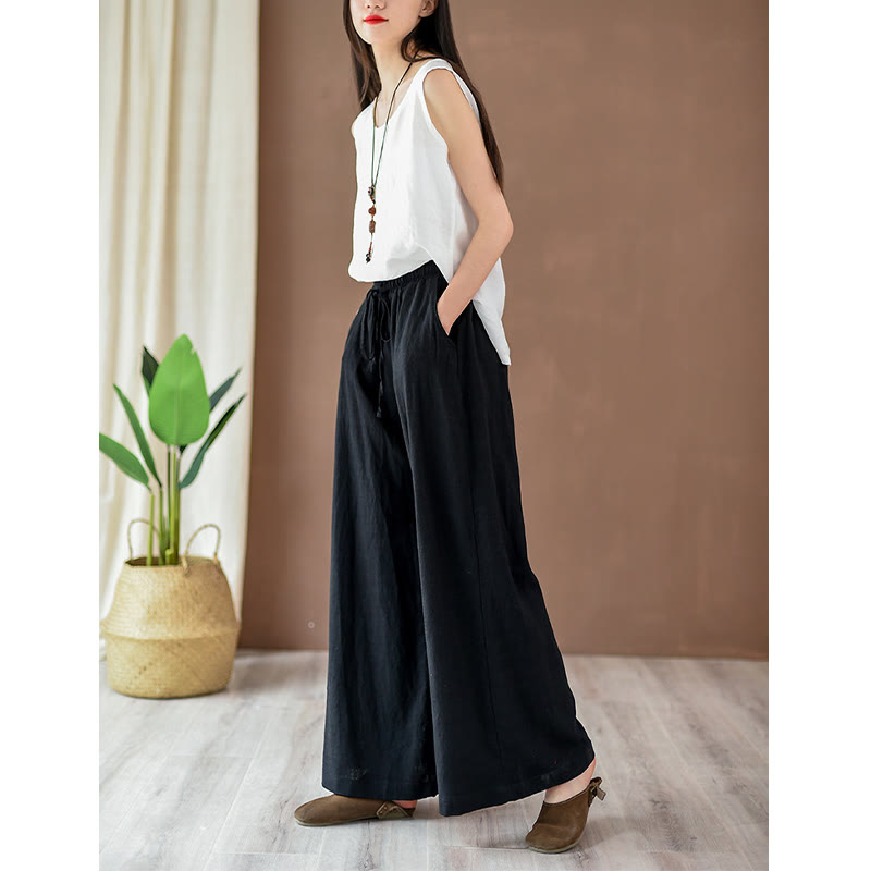 Pantalones anchos con cordón y bolsillos de lino y algodón sueltos con Buddha Stones