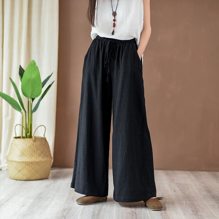 Pantalones anchos con cordón y bolsillos de lino y algodón sueltos con Buddha Stones