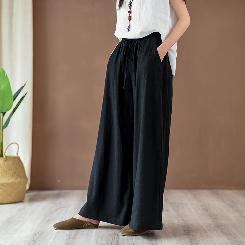 Pantalones anchos con cordón y bolsillos de lino y algodón sueltos con Buddha Stones
