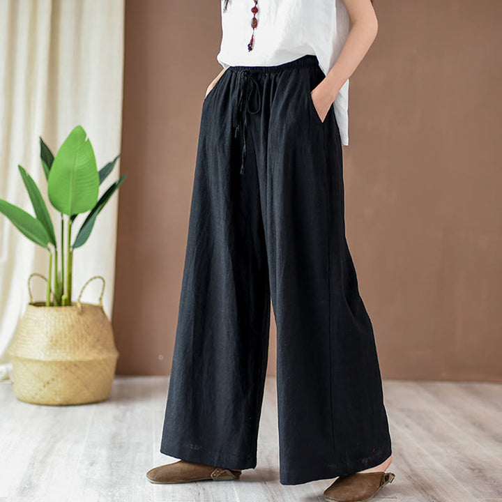 Pantalones anchos con cordón y bolsillos de lino y algodón sueltos con Buddha Stones