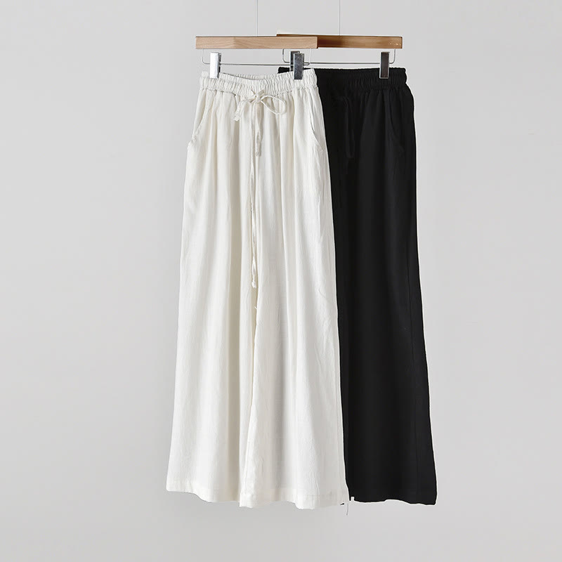Pantalones anchos con cordón y bolsillos de lino y algodón sueltos con Buddha Stones