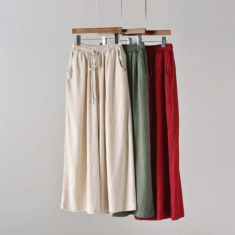 Pantalones anchos con cordón y bolsillos de lino y algodón sueltos con Buddha Stones
