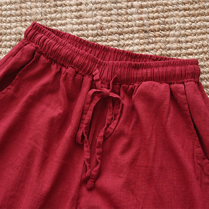 Pantalones anchos con cordón y bolsillos de lino y algodón sueltos con Buddha Stones