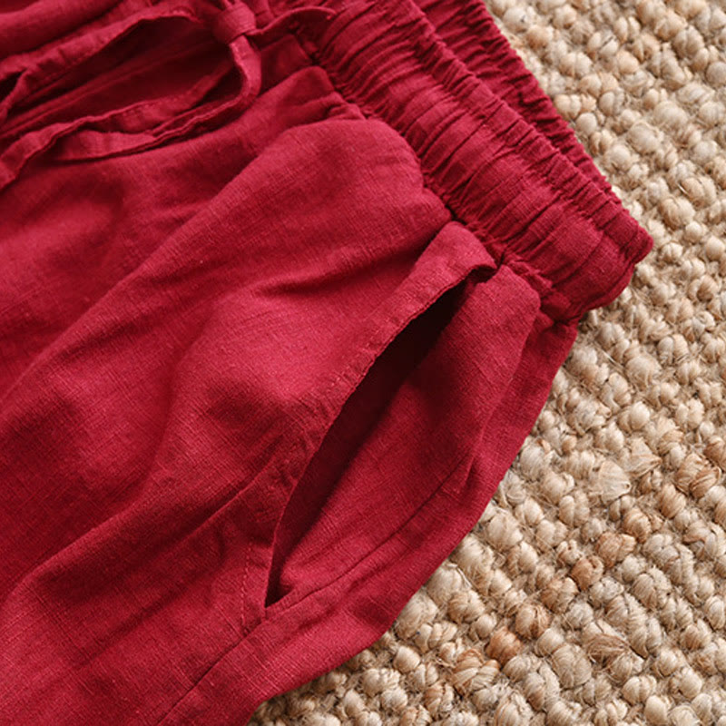 Pantalones anchos con cordón y bolsillos de lino y algodón sueltos con Buddha Stones