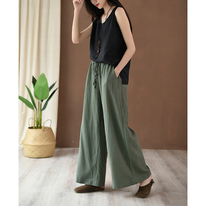 Pantalones anchos con cordón y bolsillos de lino y algodón sueltos con Buddha Stones