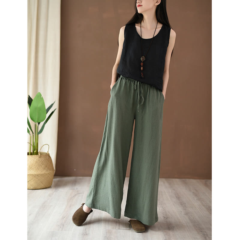 Pantalones anchos con cordón y bolsillos de lino y algodón sueltos con Buddha Stones