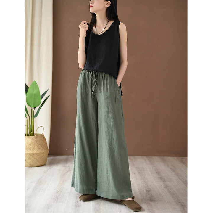 Pantalones anchos con cordón y bolsillos de lino y algodón sueltos con Buddha Stones