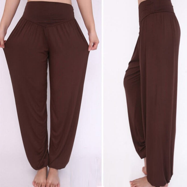 Pantalones Harem largos de danza de yoga modal de color sólido con Buddha Stones