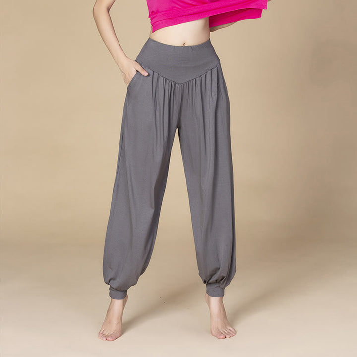 Pantalones bombachos de cintura alta para danza y yoga modal de color liso con Buddha Stones y bolsillos - Gris oscuro - US14, UK/AU18, EU46 (3XL) - image 21