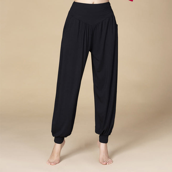 Pantalones bombachos de cintura alta para danza y yoga modal de color liso con Buddha Stones y bolsillos - Negro - US14, UK/AU18, EU46 (3XL) - image 7