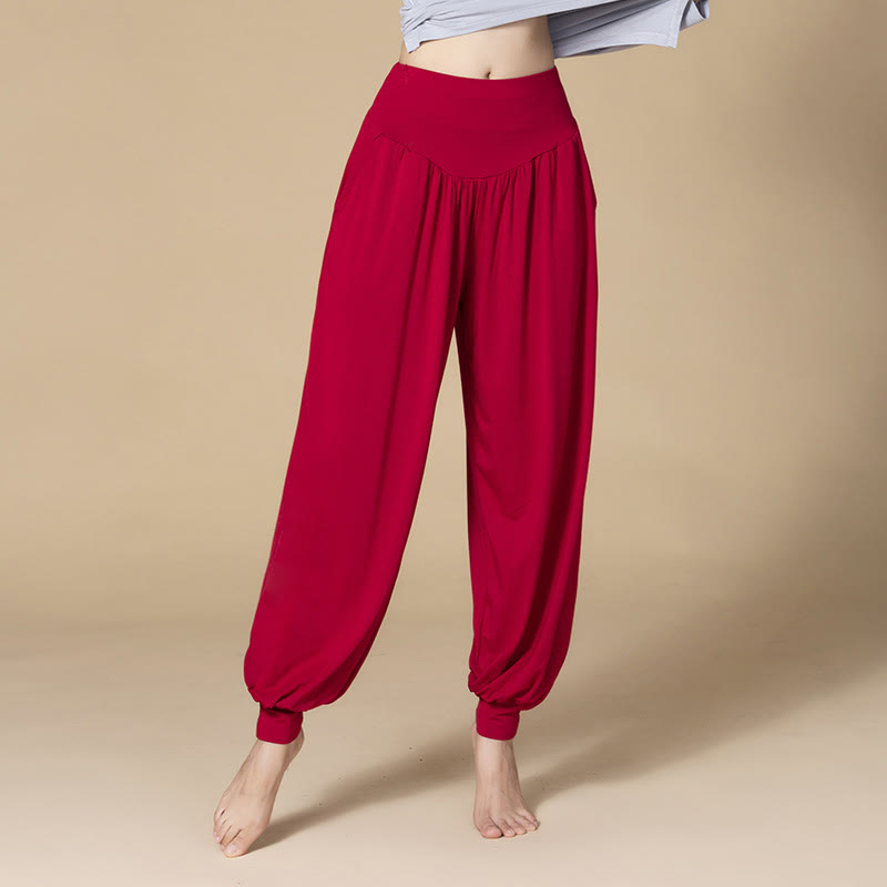 Pantalones bombachos de cintura alta para danza y yoga modal de color liso con Buddha Stones y bolsillos - Vino tinto - US14, UK/AU18, EU46 (3XL) - image 18