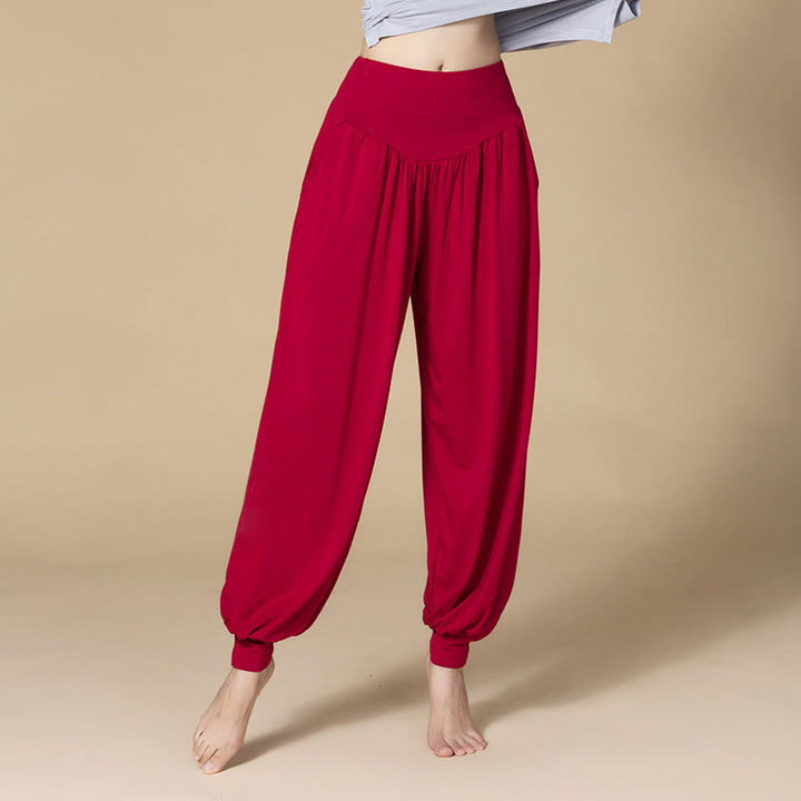 Pantalones bombachos de cintura alta para danza y yoga modal de color liso con Buddha Stones y bolsillos - Vino tinto - US14, UK/AU18, EU46 (3XL) - image 18