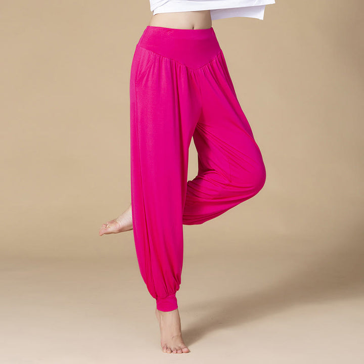 Pantalones bombachos de cintura alta para danza y yoga modal de color liso con Buddha Stones y bolsillos - Rojo rosa - US14, UK/AU18, EU46 (3XL) - image 15
