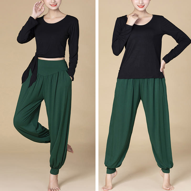 Pantalones bombachos de cintura alta para danza y yoga modal de color liso con Buddha Stones y bolsillos - image 13