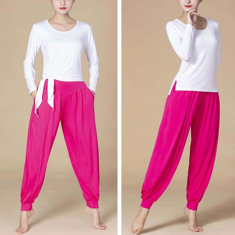 Pantalones bombachos de cintura alta para danza y yoga modal de color liso con Buddha Stones y bolsillos - image 16