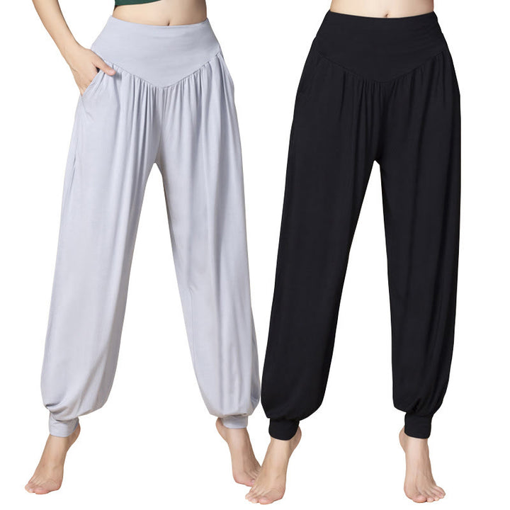 Pantalones bombachos de cintura alta para danza y yoga modal de color liso con Buddha Stones y bolsillos - image 24