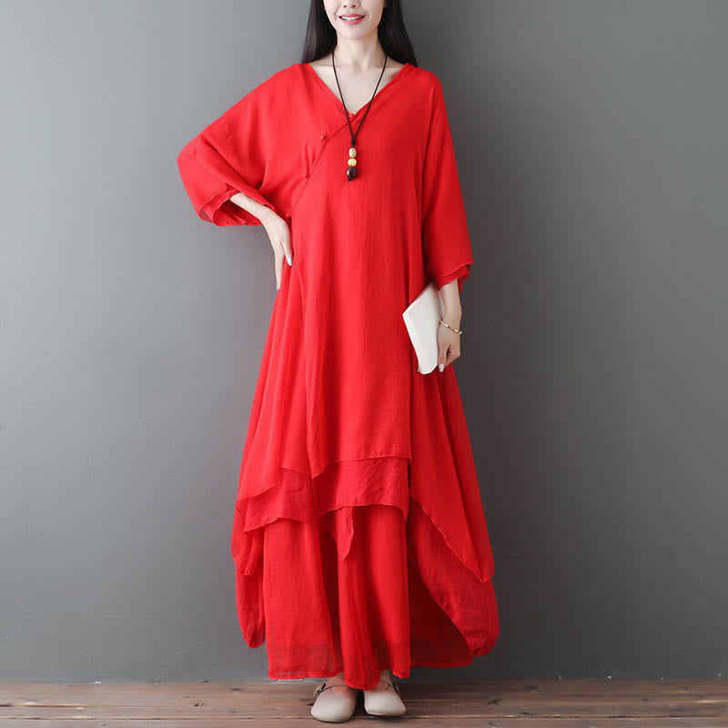 Vestido túnica midi con cuello en V y piedras de Buddha Stones, pantalones de pierna ancha, ropa de práctica Zen para meditación y baile - 2 piezas rojas (vestido y pantalón) - US12, UK/AU16, EU44 (2XL) - image 9