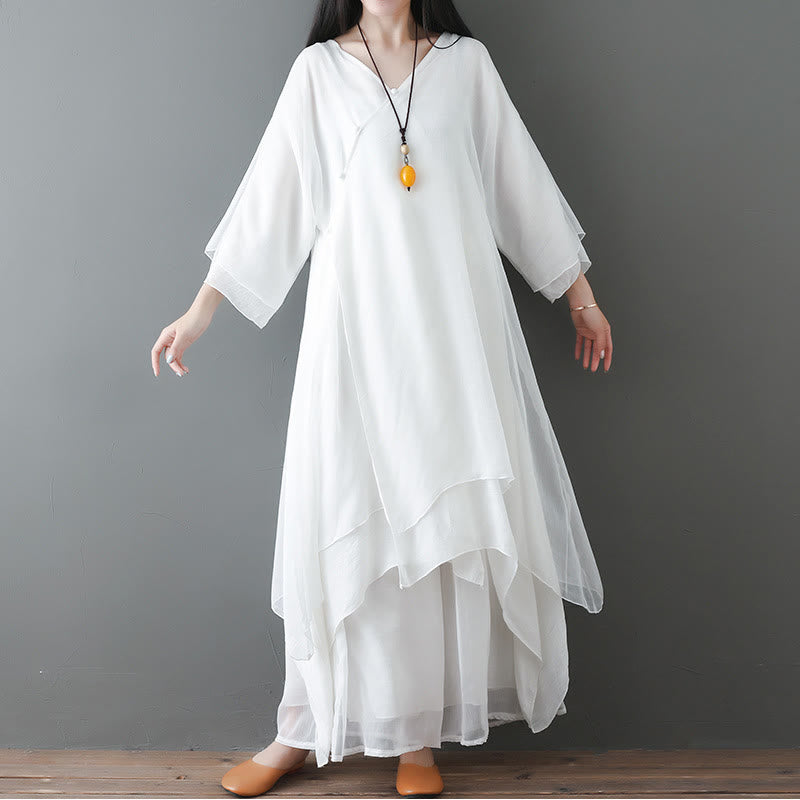 Vestido túnica midi con cuello en V y estampado de Buddha Stones, pantalones de pierna ancha, ropa para meditación, práctica zen y danza. - Conjunto de 2 piezas blanco (vestido y pantalón) - US12, UK/AU16, EU44 (2XL) - image 0