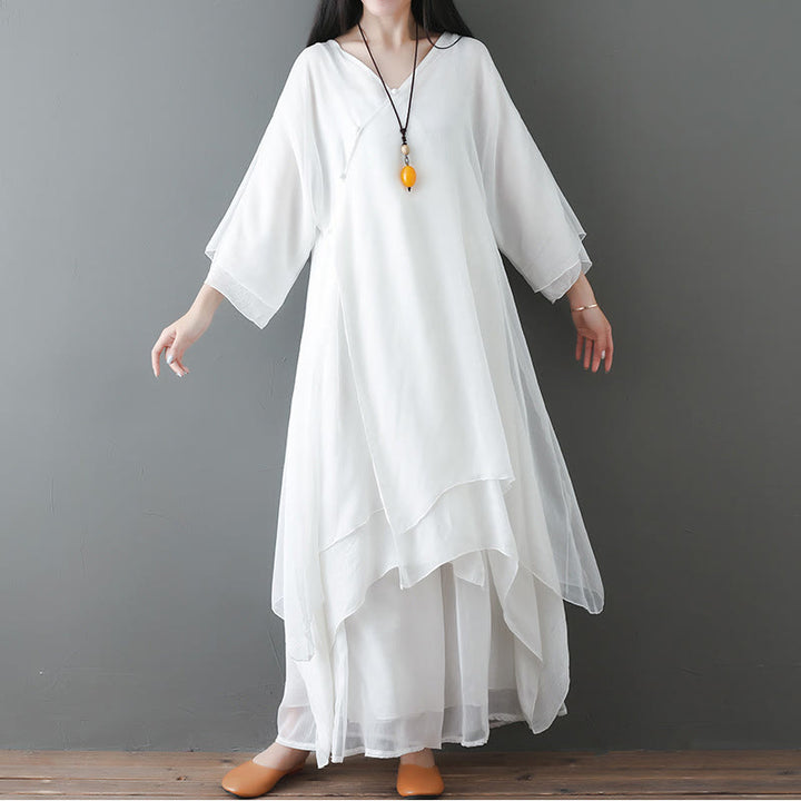 Vestido túnica midi con cuello en V y piedras de Buddha Stones, pantalones de pierna ancha, ropa de práctica Zen para meditación y baile - 2 piezas blancas (vestido y pantalón) - US12, UK/AU16, EU44 (2XL) - image 0