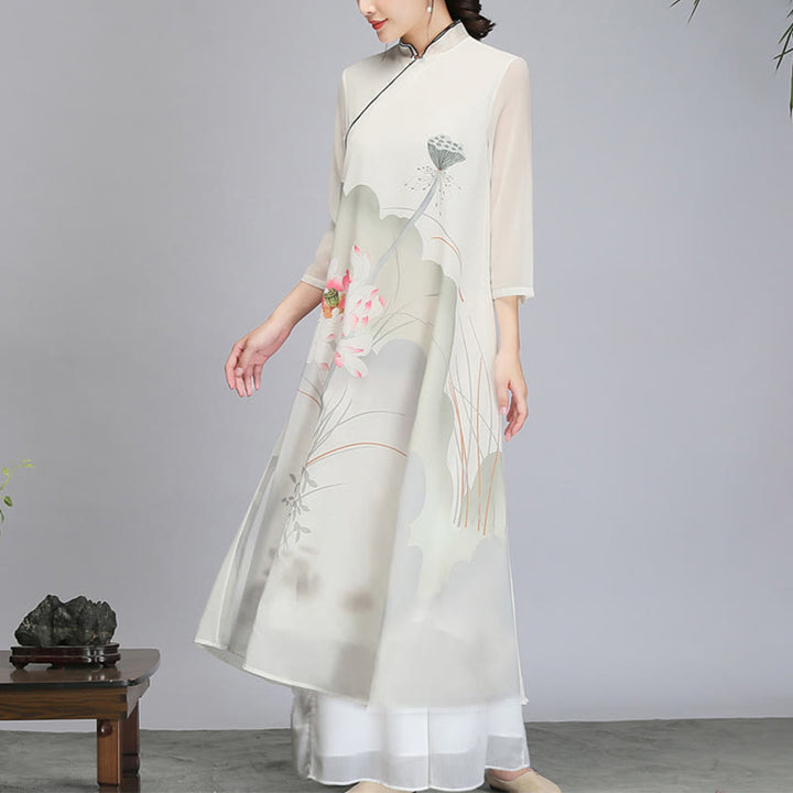 Vestido midi Cheongsam de gasa con vaina de flor de loto y Buddha Stones , ropa de práctica Zen para meditación - image 1