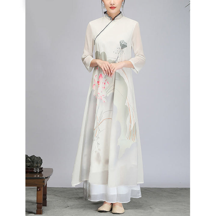 Vestido midi Cheongsam de gasa con vaina de flor de loto y Buddha Stones , ropa de práctica Zen para meditación