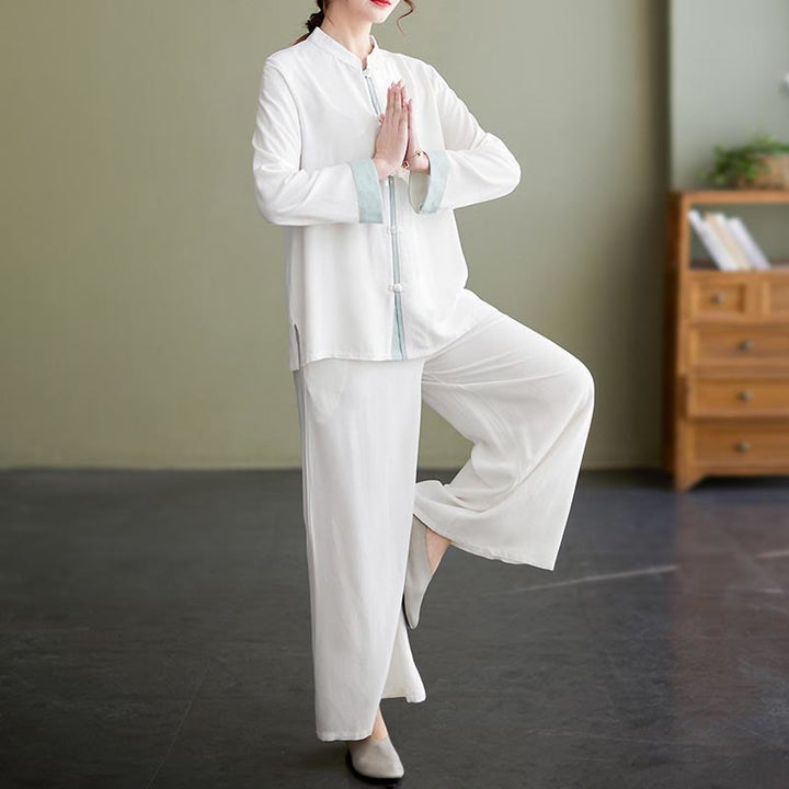 Conjunto de ropa de lino y algodón para mujer, camisa de manga larga, Top, pantalones, meditación Zen, Tai Chi, 2 uds. , Buddha Stones - Blanco (Top y pantalón) - US8-10，UK/AU12-14，EU40-42 (2XL) - image 0