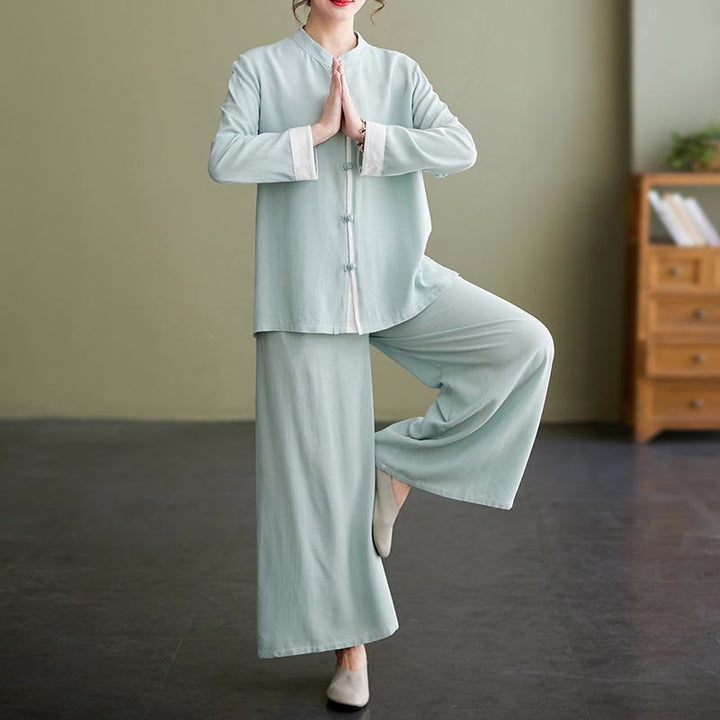 Conjunto de 2 piezas de traje Tang con Buddha Stones , camisa de manga larga, pantalones y meditación Zen Tai Chi, ropa de lino y algodón para mujer - Verde (Top y pantalones) - US8-10，UK/AU12-14，EU40-42 (2XL) - image 15
