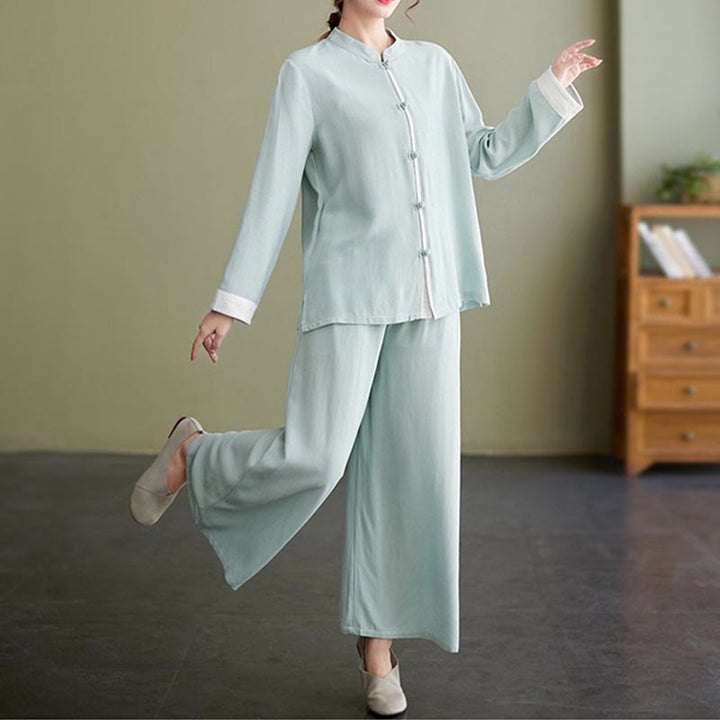 Conjunto de 2 piezas de traje Tang con Buddha Stones , camisa de manga larga, pantalones y meditación Zen Tai Chi, ropa de lino y algodón para mujer - image 16