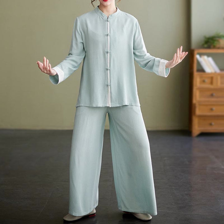 Conjunto de 2 piezas de traje Tang con Buddha Stones , camisa de manga larga, pantalones y meditación Zen Tai Chi, ropa de lino y algodón para mujer - image 17