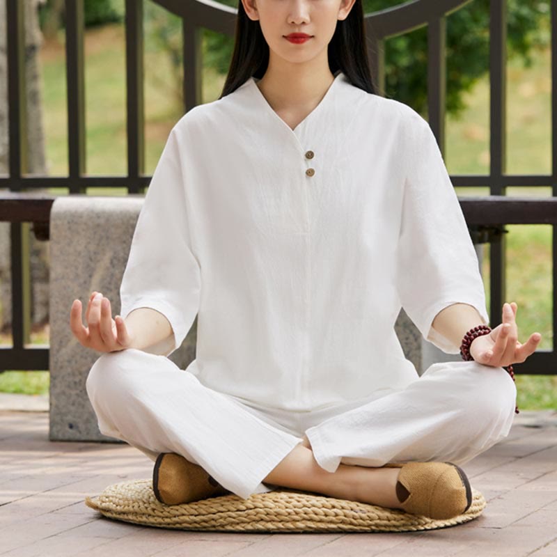 Buddha Stones 2 uds camisa Top pantalones meditación Zen Tai Chi ropa de lino de algodón conjunto de mujer - Blanco (Top y pantalones) - US8-10，UK/AU12-14，EU40-42 (2XL) - image 0