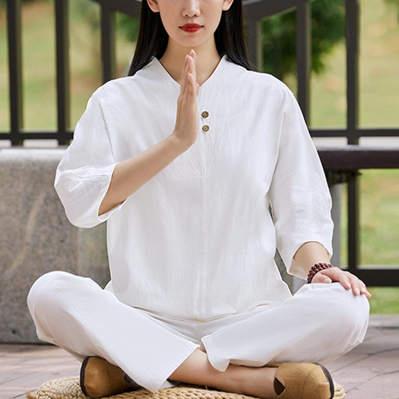 Buddha Stones 2 uds camisa Top pantalones meditación Zen Tai Chi ropa de lino de algodón conjunto de mujer - image 1