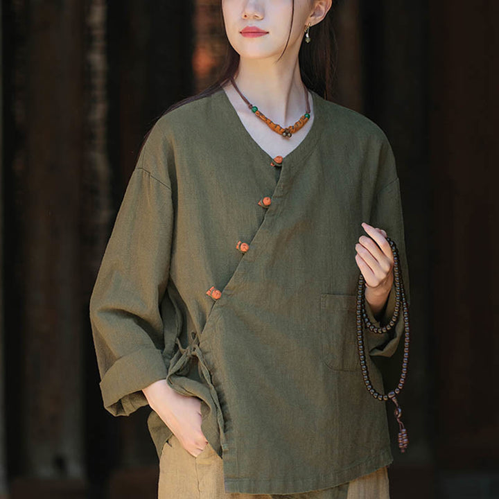 Blusa suelta de lino de ramio de Color sólido con Buddha Stones, camisa de manga larga, Top Hanfu chino - Verde (Busto 116 cm) (Solo la parte superior) - image 9