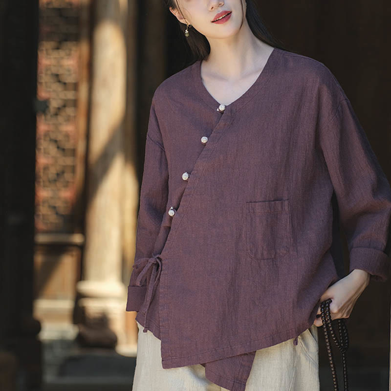 Blusa suelta de lino de ramio de Color sólido con Buddha Stones, camisa de manga larga, Top Hanfu chino - Morado (Busto 116 cm) (Solo la parte superior) - image 16