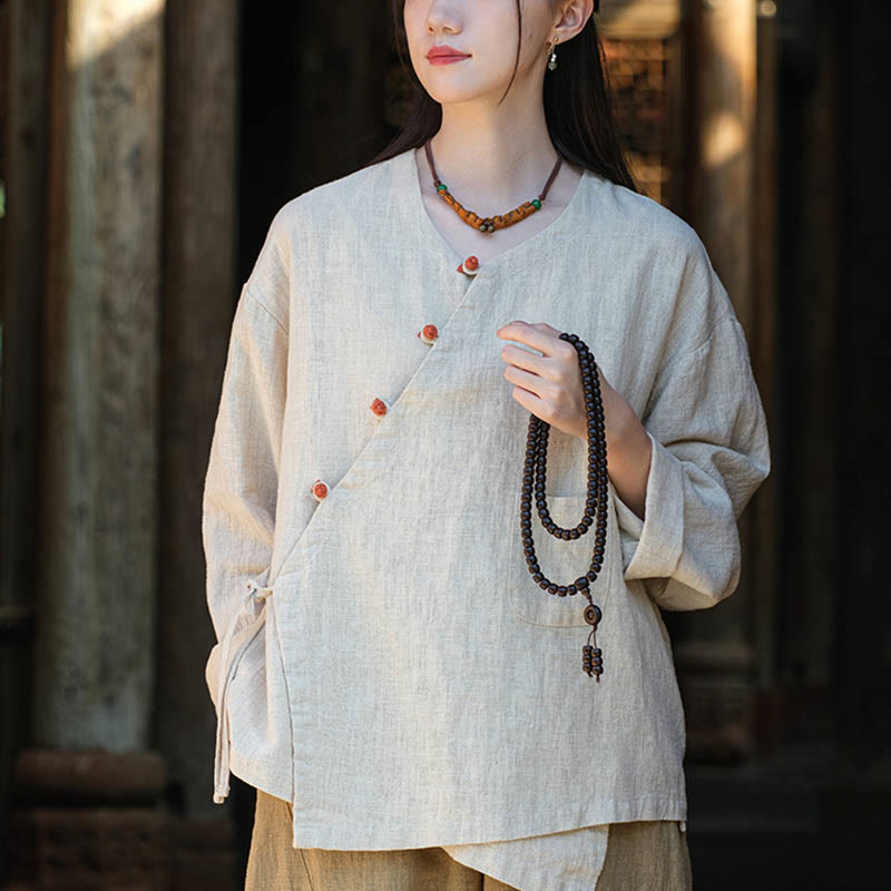 Blusa suelta de lino de ramio de Color sólido con Buddha Stones, camisa de manga larga, Top Hanfu chino - Beige (Busto 116 cm) (Solo la parte superior) - image 0