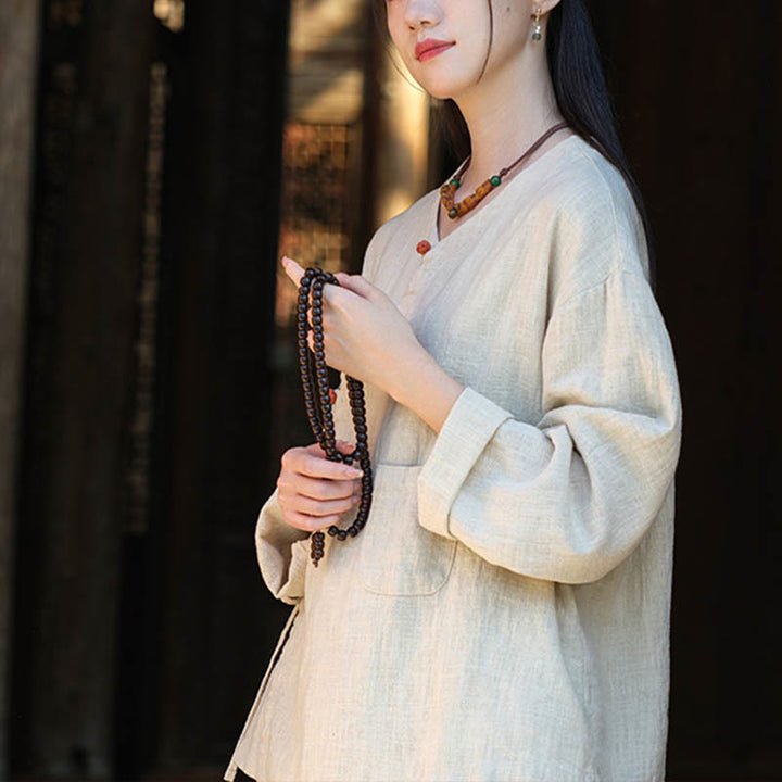 Blusa suelta de lino de ramio de Color sólido con Buddha Stones, camisa de manga larga, Top Hanfu chino - image 3