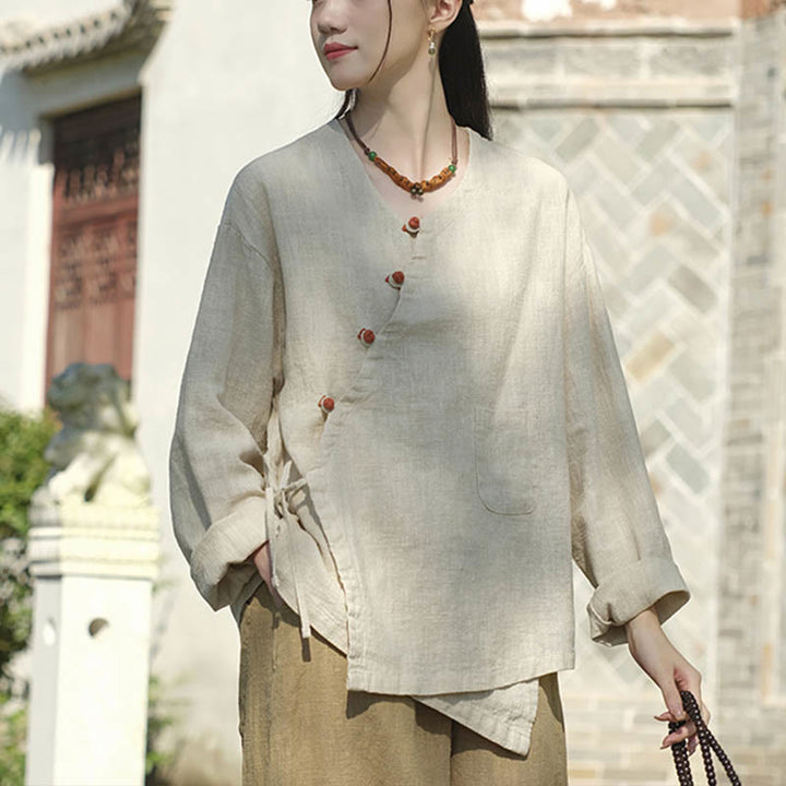Blusa suelta de lino de ramio de Color sólido con Buddha Stones, camisa de manga larga, Top Hanfu chino - image 5