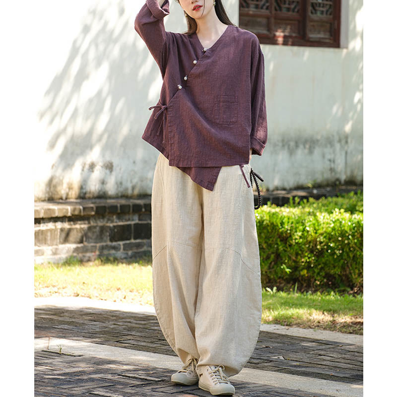 Blusa suelta de lino de ramio de Color sólido con Buddha Stones, camisa de manga larga, Top Hanfu chino - image 23