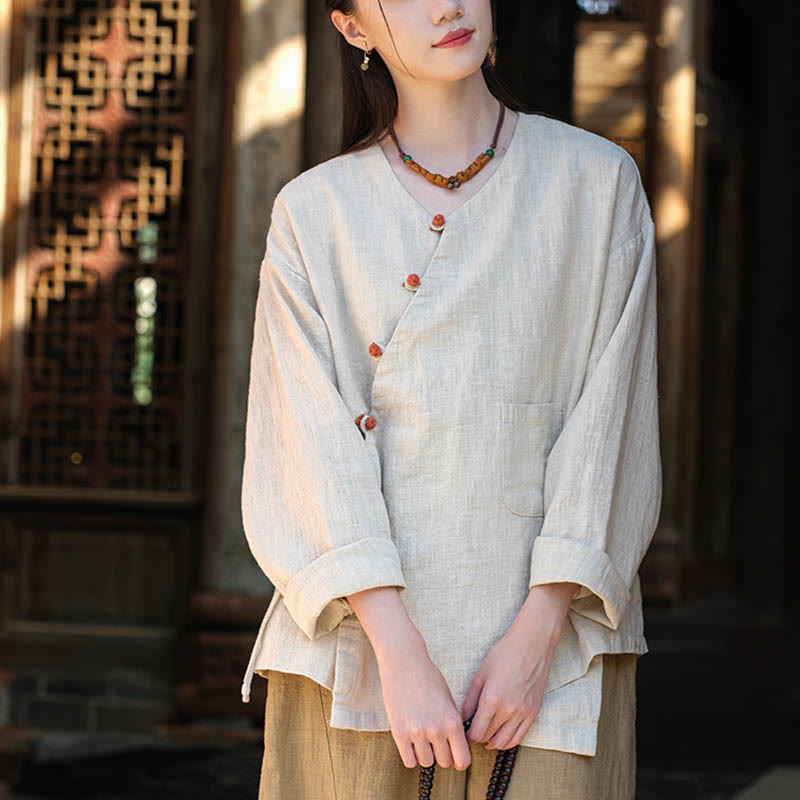 Blusa suelta de lino de ramio de Color sólido con Buddha Stones, camisa de manga larga, Top Hanfu chino - image 4